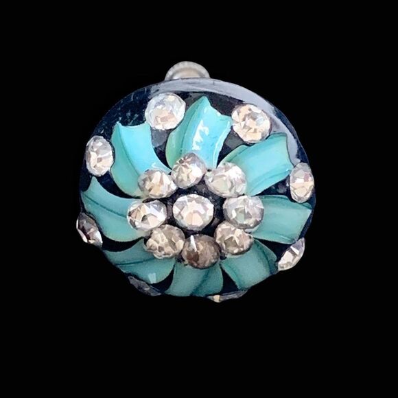 Vintage black turquoise crystal mid century earrings screw back - Picture 3 of 7